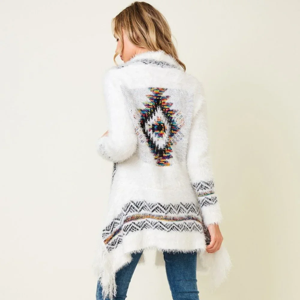 NEW ON BLUE AZTEC SOUTHWESTERN sweater drape cardigan fringe white soft Sm-3XL - Picture 1 of 9